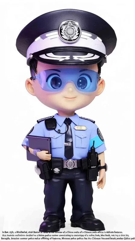Blind Box Style , full body, chibi, Delicate features, A cute Chinese male police officer, dressed in summer police uniform, blue shirt, black police hat, navy blue tie, black armband, black pants, holding an iPad, black leather shoes,  cyberpunk blue glowing glasses, Q-version，white background, Natural lighting, 8K, best quality, ultra - detail, 3D, C4D, Blender, OC renderer, ultra HD, 3D rendering  - style4部分