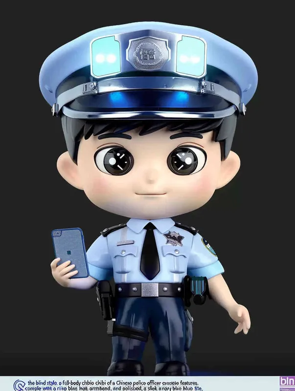 Blind Box Style , full body, chibi, Delicate features, A cute Chinese male police officer, dressed in summer police uniform, blue shirt, black police hat, navy blue tie, black armband, black pants, holding an iPad, black leather shoes,  cyberpunk blue glowing glasses, Q-version，black background, Natural lighting, 8K, best quality, ultra - detail, 3D, C4D, Blender, OC renderer, ultra HD, 3D rendering  - style1部分