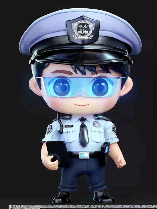 Blind Box Style , full body, chibi, Delicate features, A cute Chinese male police officer, dressed in summer police uniform, blue shirt, black police hat, navy blue tie, black armband, black pants, holding an iPad, black leather shoes,  cyberpunk blue glowing glasses, Q-version，black background, Natural lighting, 8K, best quality, ultra - detail, 3D, C4D, Blender, OC renderer, ultra HD, 3D rendering  - style2部分