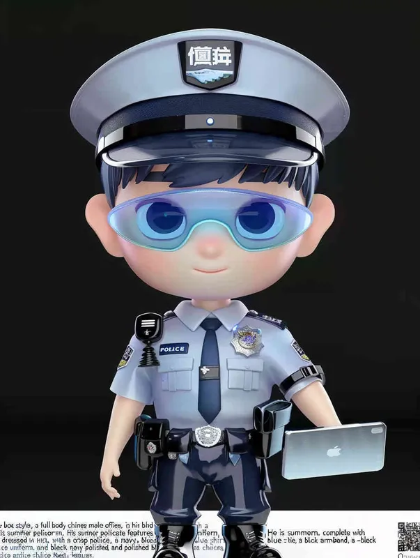 Blind Box Style , full body, chibi, Delicate features, A cute Chinese male police officer, dressed in summer police uniform, blue shirt, black police hat, navy blue tie, black armband, black pants, holding an iPad, black leather shoes,  cyberpunk blue glowing glasses, Q-version，black background, Natural lighting, 8K, best quality, ultra - detail, 3D, C4D, Blender, OC renderer, ultra HD, 3D rendering  - style3部分