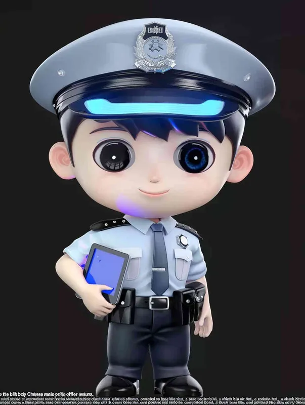 Blind Box Style , full body, chibi, Delicate features, A cute Chinese male police officer, dressed in summer police uniform, blue shirt, black police hat, navy blue tie, black armband, black pants, holding an iPad, black leather shoes,  cyberpunk blue glowing glasses, Q-version，black background, Natural lighting, 8K, best quality, ultra - detail, 3D, C4D, Blender, OC renderer, ultra HD, 3D rendering  - style4部分