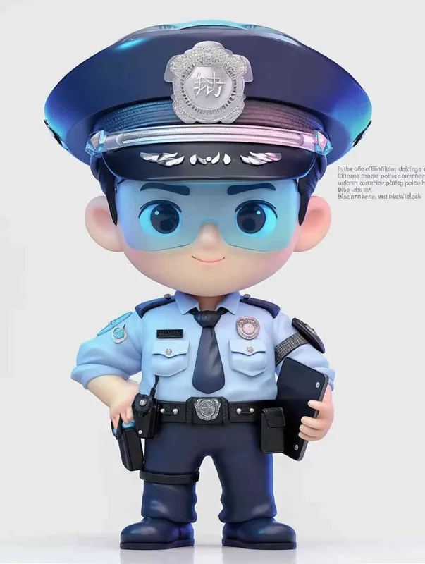 Blind Box Style , full body, chibi, Delicate features, A cute Chinese male police officer, dressed in summer police uniform, blue shirt, black police hat, navy blue tie, black armband, black pants, holding an iPad, black leather shoes,  cyberpunk blue glowing glasses, Q-version，white background, Natural lighting, 8K, best quality, ultra - detail, 3D, C4D, Blender, OC renderer, ultra HD, 3D rendering  - style1部分