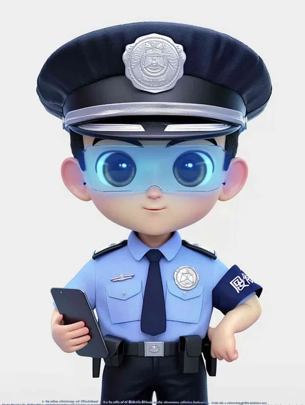 Blind Box Style , full body, chibi, Delicate features, A cute Chinese male police officer, dressed in summer police uniform, blue shirt, black police hat, navy blue tie, black armband, black pants, holding an iPad, black leather shoes,  cyberpunk blue glowing glasses, Q-version，white background, Natural lighting, 8K, best quality, ultra - detail, 3D, C4D, Blender, OC renderer, ultra HD, 3D rendering  - style2部分