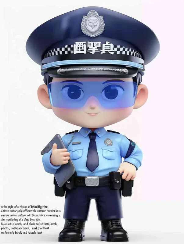 Blind Box Style , full body, chibi, Delicate features, A cute Chinese male police officer, dressed in summer police uniform, blue shirt, black police hat, navy blue tie, black armband, black pants, holding an iPad, black leather shoes,  cyberpunk blue glowing glasses, Q-version，white background, Natural lighting, 8K, best quality, ultra - detail, 3D, C4D, Blender, OC renderer, ultra HD, 3D rendering  - style3部分