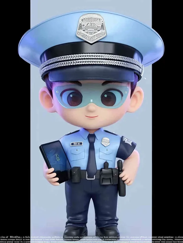 Blind Box Style , full body, chibi, Delicate features, A cute Chinese male police officer, dressed in summer police uniform, blue shirt, black police hat, navy blue tie, black armband, black pants, holding an iPad, black leather shoes,  cyberpunk blue glowing glasses, Q-version，white background, Natural lighting, 8K, best quality, ultra - detail, 3D, C4D, Blender, OC renderer, ultra HD, 3D rendering  - style1部分