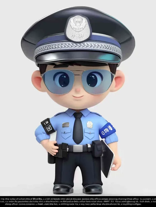 Blind Box Style , full body, chibi, Delicate features, A cute Chinese male police officer, dressed in summer police uniform, blue shirt, black police hat, navy blue tie, black armband, black pants, holding an iPad, black leather shoes,  cyberpunk blue glowing glasses, Q-version，white background, Natural lighting, 8K, best quality, ultra - detail, 3D, C4D, Blender, OC renderer, ultra HD, 3D rendering  - style2部分