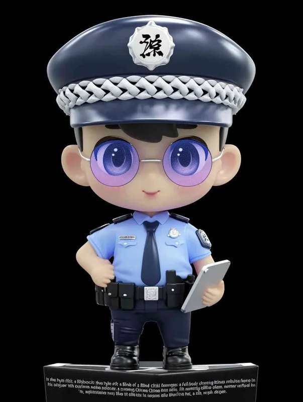 Blind Box Style , full body, chibi, Delicate features, A cute Chinese male police officer, dressed in summer police uniform, blue shirt, black police hat, navy blue tie, black armband, black pants, holding an iPad, black leather shoes,  cyberpunk blue glowing glasses, Q-version，black  background, Natural lighting, 8K, best quality, ultra - detail, 3D, C4D, Blender, OC renderer, ultra HD, 3D rendering  - style1部分