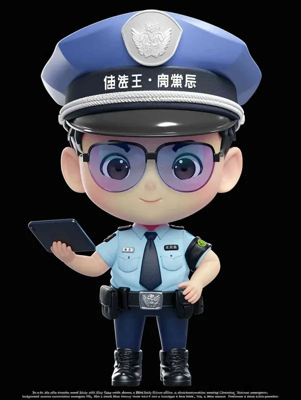 Blind Box Style , full body, chibi, Delicate features, A cute Chinese male police officer, dressed in summer police uniform, blue shirt, black police hat, navy blue tie, black armband, black pants, holding an iPad, black leather shoes,  cyberpunk blue glowing glasses, Q-version，black  background, Natural lighting, 8K, best quality, ultra - detail, 3D, C4D, Blender, OC renderer, ultra HD, 3D rendering  - style2部分