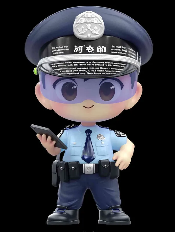 Blind Box Style , full body, chibi, Delicate features, A cute Chinese male police officer, dressed in summer police uniform, blue shirt, black police hat, navy blue tie, black armband, black pants, holding an iPad, black leather shoes,  cyberpunk blue glowing glasses, Q-version，black  background, Natural lighting, 8K, best quality, ultra - detail, 3D, C4D, Blender, OC renderer, ultra HD, 3D rendering  - style3部分