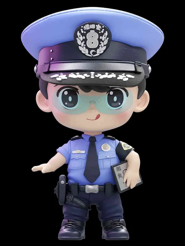 Blind Box Style , full body, chibi, Delicate features, A cute Chinese male police officer, dressed in summer police uniform, blue shirt, black police hat, navy blue tie, black armband, black pants, holding an iPad, black leather shoes,  cyberpunk blue glowing glasses, Q-version，black  background, Natural lighting, 8K, best quality, ultra - detail, 3D, C4D, Blender, OC renderer, ultra HD, 3D rendering  - style4部分