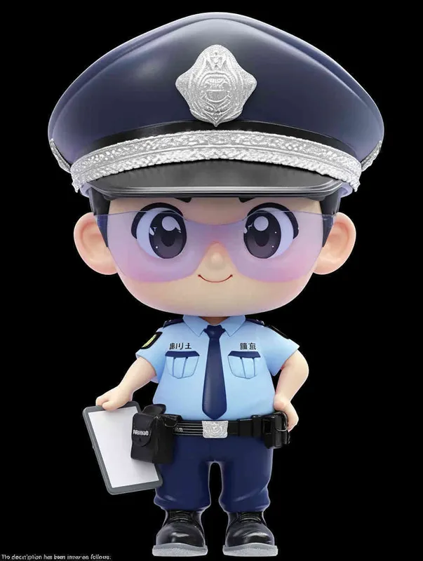 Blind Box Style , full body, chibi, Delicate features, A cute Chinese male police officer, dressed in summer police uniform, blue shirt, black police hat, navy blue tie, black armband, black pants, holding an iPad, black leather shoes,  cyberpunk blue glowing glasses, Q-version，white background, Natural lighting, 8K, best quality, ultra - detail, 3D, C4D, Blender, OC renderer, ultra HD, 3D rendering  - style1部分
