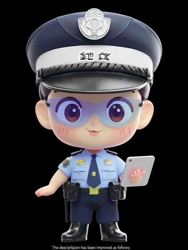 Blind Box Style , full body, chibi, Delicate features, A cute Chinese male police officer, dressed in summer police uniform, blue shirt, black police hat, navy blue tie, black armband, black pants, holding an iPad, black leather shoes,  cyberpunk blue glowing glasses, Q-version，white background, Natural lighting, 8K, best quality, ultra - detail, 3D, C4D, Blender, OC renderer, ultra HD, 3D rendering  - style2部分