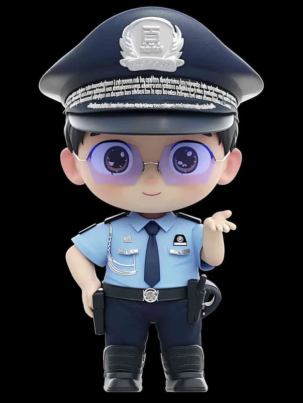 Blind Box Style , full body, chibi, Delicate features, A cute Chinese male police officer, dressed in summer police uniform, blue shirt, black police hat, navy blue tie, black armband, black pants, holding an iPad, black leather shoes,  cyberpunk blue glowing glasses, Q-version，white background, Natural lighting, 8K, best quality, ultra - detail, 3D, C4D, Blender, OC renderer, ultra HD, 3D rendering  - style3部分