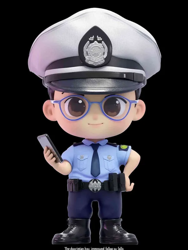 Blind Box Style , full body, chibi, Delicate features, A cute Chinese male police officer, dressed in summer police uniform, blue shirt, black police hat, navy blue tie, black armband, black pants, holding an iPad, black leather shoes,  cyberpunk blue glowing glasses, Q-version，white background, Natural lighting, 8K, best quality, ultra - detail, 3D, C4D, Blender, OC renderer, ultra HD, 3D rendering  - style4部分