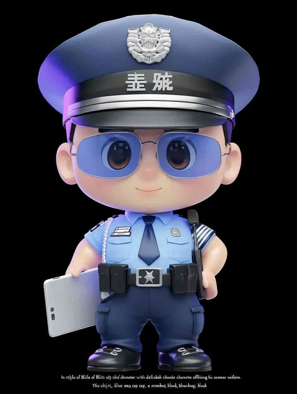 Blind Box Style , full body, chibi, Delicate features, A cute Chinese male police officer, dressed in summer police uniform, blue shirt, black police hat, navy blue tie, black armband, black pants, holding an iPad, black leather shoes,  cyberpunk blue glowing glasses, Q-version，black background, Natural lighting, 8K, best quality, ultra - detail, 3D, C4D, Blender, OC renderer, ultra HD, 3D rendering  - style1部分