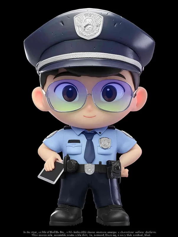 Blind Box Style , full body, chibi, Delicate features, A cute Chinese male police officer, dressed in summer police uniform, blue shirt, black police hat, navy blue tie, black armband, black pants, holding an iPad, black leather shoes,  cyberpunk blue glowing glasses, Q-version，black background, Natural lighting, 8K, best quality, ultra - detail, 3D, C4D, Blender, OC renderer, ultra HD, 3D rendering  - style2部分
