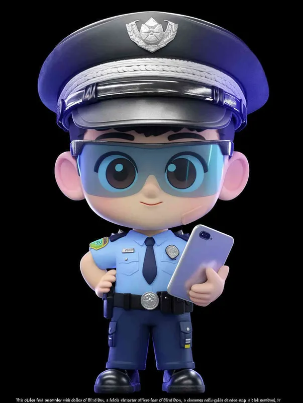 Blind Box Style , full body, chibi, Delicate features, A cute Chinese male police officer, dressed in summer police uniform, blue shirt, black police hat, navy blue tie, black armband, black pants, holding an iPad, black leather shoes,  cyberpunk blue glowing glasses, Q-version，black background, Natural lighting, 8K, best quality, ultra - detail, 3D, C4D, Blender, OC renderer, ultra HD, 3D rendering  - style3部分