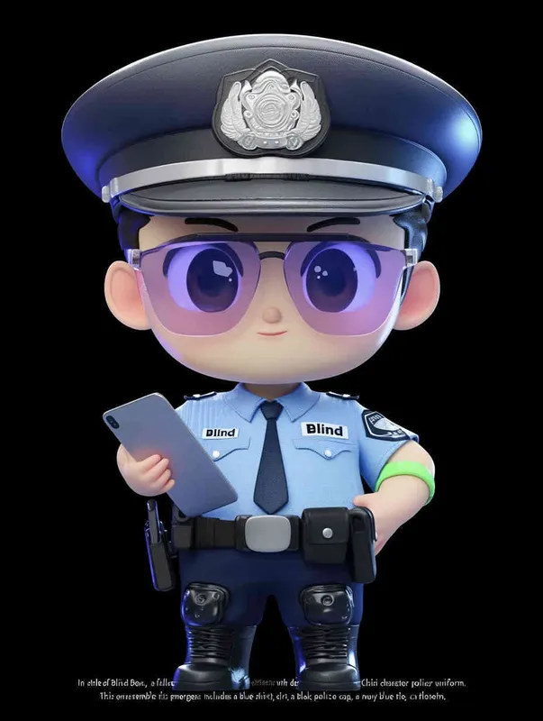 Blind Box Style , full body, chibi, Delicate features, A cute Chinese male police officer, dressed in summer police uniform, blue shirt, black police hat, navy blue tie, black armband, black pants, holding an iPad, black leather shoes,  cyberpunk blue glowing glasses, Q-version，black background, Natural lighting, 8K, best quality, ultra - detail, 3D, C4D, Blender, OC renderer, ultra HD, 3D rendering  - style4部分