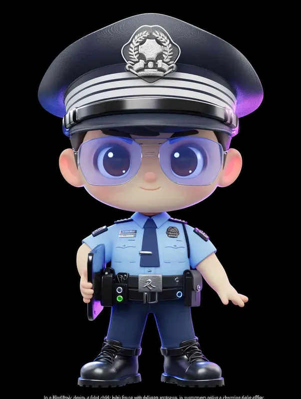 Blind Box Style , full body, chibi, Delicate features, A cute Chinese male police officer, dressed in summer police uniform, blue shirt, black police hat, navy blue tie, black armband, black pants, holding an iPad, black leather shoes,  cyberpunk blue glowing glasses, Q-version，black background, Natural lighting, 8K, best quality, ultra - detail, 3D, C4D, Blender, OC renderer, ultra HD, 3D rendering  - style1部分
