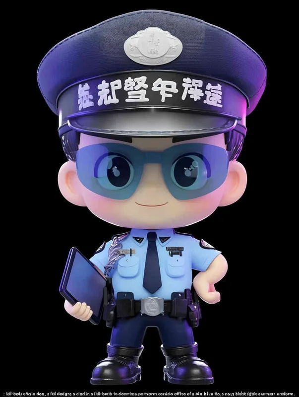 Blind Box Style , full body, chibi, Delicate features, A cute Chinese male police officer, dressed in summer police uniform, blue shirt, black police hat, navy blue tie, black armband, black pants, holding an iPad, black leather shoes,  cyberpunk blue glowing glasses, Q-version，black background, Natural lighting, 8K, best quality, ultra - detail, 3D, C4D, Blender, OC renderer, ultra HD, 3D rendering  - style2部分