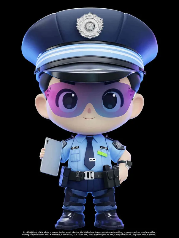 Blind Box Style , full body, chibi, Delicate features, A cute Chinese male police officer, dressed in summer police uniform, blue shirt, black police hat, navy blue tie, black armband, black pants, holding an iPad, black leather shoes,  cyberpunk blue glowing glasses, Q-version，black background, Natural lighting, 8K, best quality, ultra - detail, 3D, C4D, Blender, OC renderer, ultra HD, 3D rendering  - style3部分