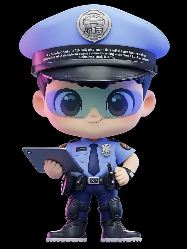Blind Box Style , full body, chibi, Delicate features, A cute Chinese male police officer, dressed in summer police uniform, blue shirt, black police hat, navy blue tie, black armband, black pants, holding an iPad, black leather shoes,  cyberpunk blue glowing glasses, Q-version，black background, Natural lighting, 8K, best quality, ultra - detail, 3D, C4D, Blender, OC renderer, ultra HD, 3D rendering  - style4部分