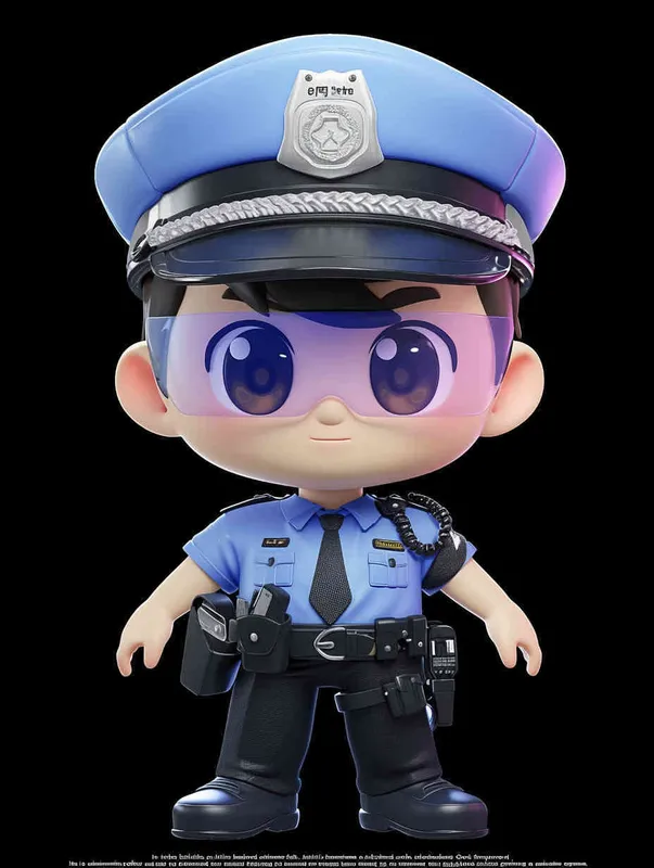 Blind Box Style , full body, chibi, Delicate features, A cute Chinese male police officer, dressed in summer police uniform, blue shirt, black police hat, navy blue tie, black armband, black pants, holding an iPad, black leather shoes,  cyberpunk blue glowing glasses, Q-version，black background, Natural lighting, 8K, best quality, ultra - detail, 3D, C4D, Blender, OC renderer, ultra HD, 3D rendering  - style1部分