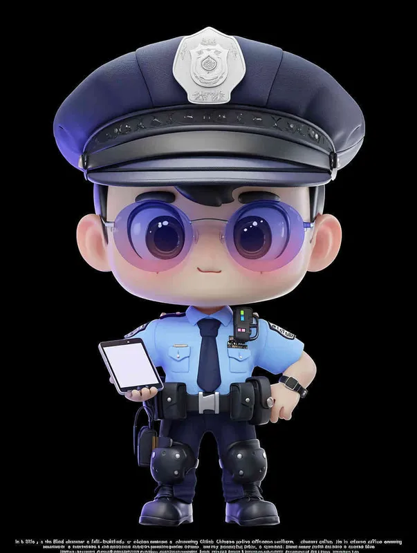 Blind Box Style , full body, chibi, Delicate features, A cute Chinese male police officer, dressed in summer police uniform, blue shirt, black police hat, navy blue tie, black armband, black pants, holding an iPad, black leather shoes,  cyberpunk blue glowing glasses, Q-version，black background, Natural lighting, 8K, best quality, ultra - detail, 3D, C4D, Blender, OC renderer, ultra HD, 3D rendering  - style2部分