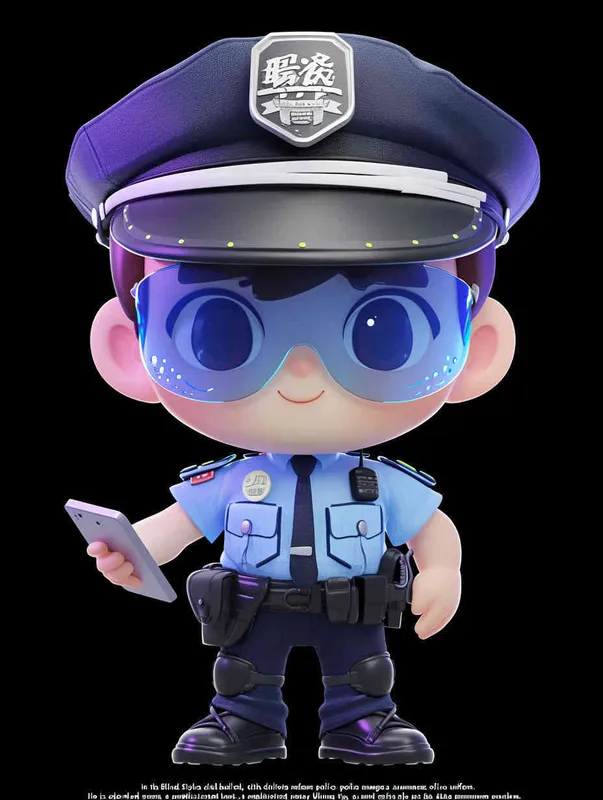 Blind Box Style , full body, chibi, Delicate features, A cute Chinese male police officer, dressed in summer police uniform, blue shirt, black police hat, navy blue tie, black armband, black pants, holding an iPad, black leather shoes,  cyberpunk blue glowing glasses, Q-version，black background, Natural lighting, 8K, best quality, ultra - detail, 3D, C4D, Blender, OC renderer, ultra HD, 3D rendering  - style3部分