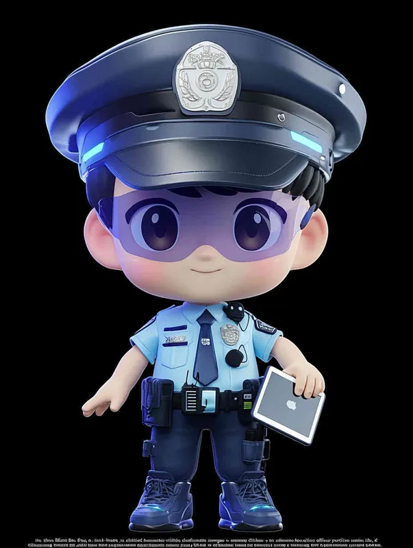Blind Box Style , full body, chibi, Delicate features, A cute Chinese male police officer, dressed in summer police uniform, blue shirt, black police hat, navy blue tie, black armband, black pants, holding an iPad, black leather shoes,  cyberpunk blue glowing glasses, Q-version，black background, Natural lighting, 8K, best quality, ultra - detail, 3D, C4D, Blender, OC renderer, ultra HD, 3D rendering  - style4部分