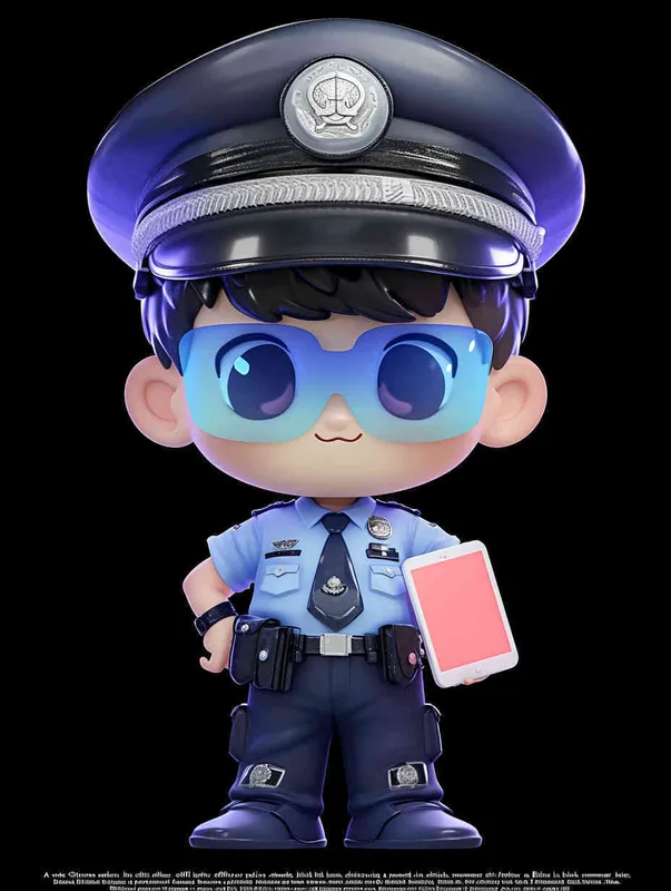Blind Box Style , full body, chibi, Delicate features, A cute Chinese male police officer, dressed in summer police uniform, blue shirt, black police hat, navy blue tie, black armband, black pants, holding an iPad, black leather shoes,  cyberpunk blue glowing glasses, Q-version，black background, Natural lighting, 8K, best quality, ultra - detail, 3D, C4D, Blender, OC renderer, ultra HD, 3D rendering  - style1部分