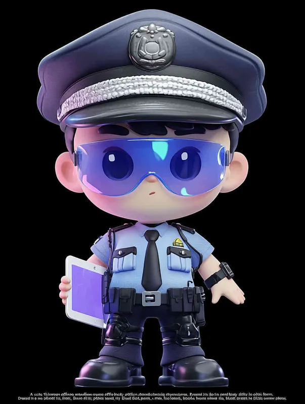 Blind Box Style , full body, chibi, Delicate features, A cute Chinese male police officer, dressed in summer police uniform, blue shirt, black police hat, navy blue tie, black armband, black pants, holding an iPad, black leather shoes,  cyberpunk blue glowing glasses, Q-version，black background, Natural lighting, 8K, best quality, ultra - detail, 3D, C4D, Blender, OC renderer, ultra HD, 3D rendering  - style2部分