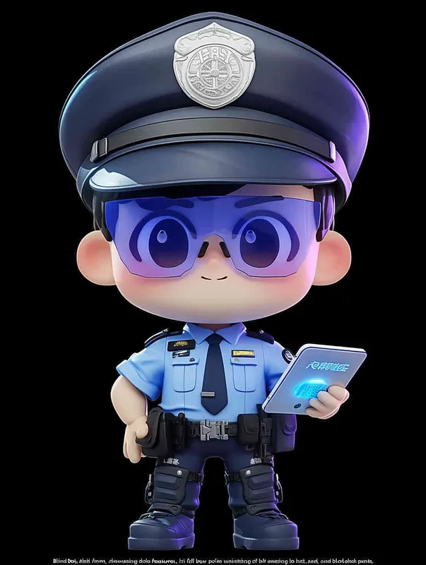 Blind Box Style , full body, chibi, Delicate features, A cute Chinese male police officer, dressed in summer police uniform, blue shirt, black police hat, navy blue tie, black armband, black pants, holding an iPad, black leather shoes,  cyberpunk blue glowing glasses, Q-version，black background, Natural lighting, 8K, best quality, ultra - detail, 3D, C4D, Blender, OC renderer, ultra HD, 3D rendering  - style3部分