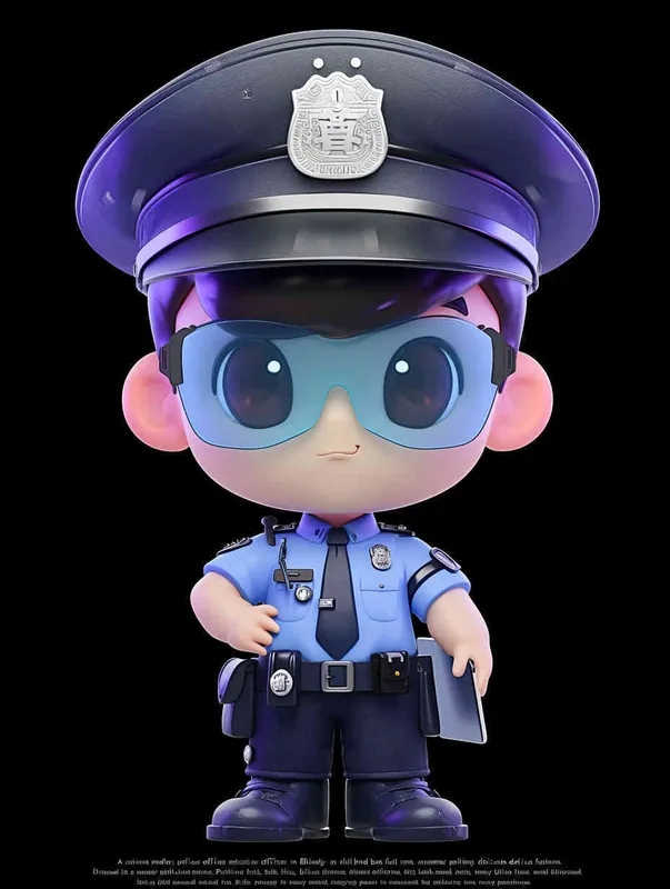Blind Box Style , full body, chibi, Delicate features, A cute Chinese male police officer, dressed in summer police uniform, blue shirt, black police hat, navy blue tie, black armband, black pants, holding an iPad, black leather shoes,  cyberpunk blue glowing glasses, Q-version，black background, Natural lighting, 8K, best quality, ultra - detail, 3D, C4D, Blender, OC renderer, ultra HD, 3D rendering  - style4部分