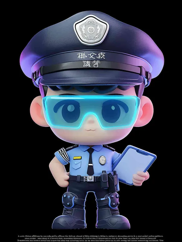 Blind Box Style , full body, chibi, Delicate features, A cute Chinese male police officer, dressed in summer police uniform, blue shirt, black police hat, navy blue tie, black armband, black pants, holding an iPad, black leather shoes,  cyberpunk blue glowing glasses, Q-version，black background, Natural lighting, 8K, best quality, ultra - detail, 3D, C4D, Blender, OC renderer, ultra HD, 3D rendering  - style1部分