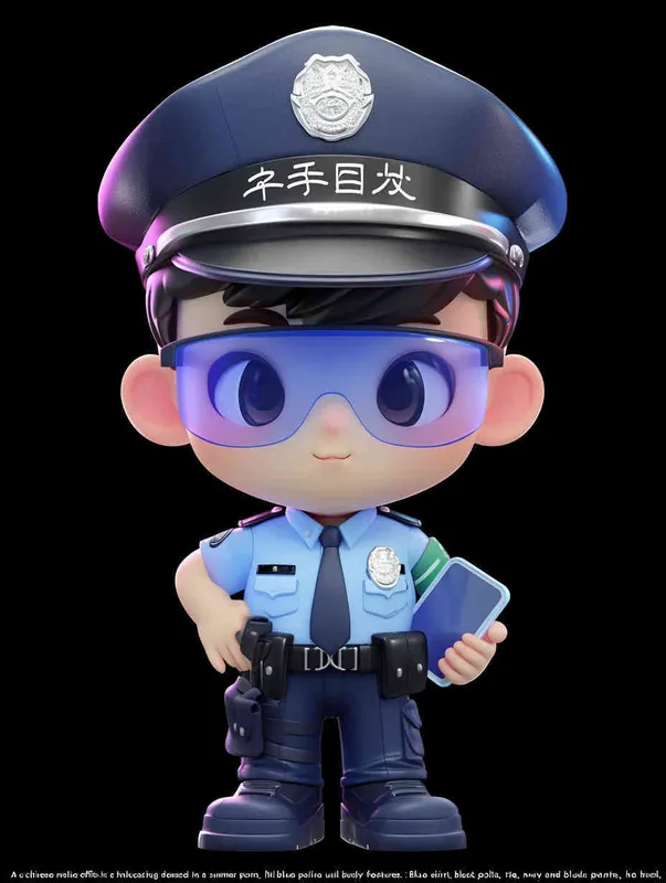 Blind Box Style , full body, chibi, Delicate features, A cute Chinese male police officer, dressed in summer police uniform, blue shirt, black police hat, navy blue tie, black armband, black pants, holding an iPad, black leather shoes,  cyberpunk blue glowing glasses, Q-version，black background, Natural lighting, 8K, best quality, ultra - detail, 3D, C4D, Blender, OC renderer, ultra HD, 3D rendering  - style2部分