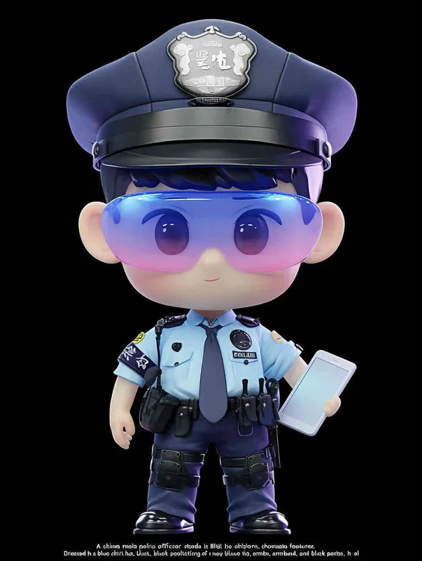 Blind Box Style , full body, chibi, Delicate features, A cute Chinese male police officer, dressed in summer police uniform, blue shirt, black police hat, navy blue tie, black armband, black pants, holding an iPad, black leather shoes,  cyberpunk blue glowing glasses, Q-version，black background, Natural lighting, 8K, best quality, ultra - detail, 3D, C4D, Blender, OC renderer, ultra HD, 3D rendering  - style3部分