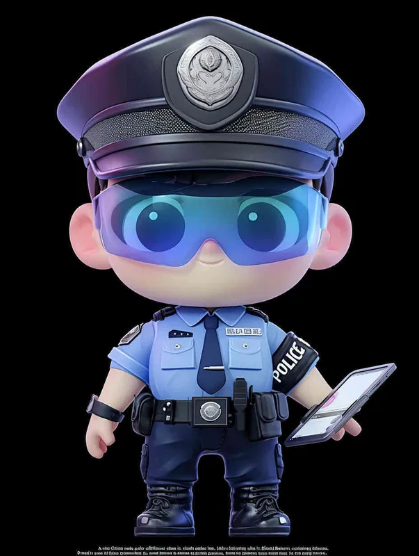 Blind Box Style , full body, chibi, Delicate features, A cute Chinese male police officer, dressed in summer police uniform, blue shirt, black police hat, navy blue tie, black armband, black pants, holding an iPad, black leather shoes,  cyberpunk blue glowing glasses, Q-version，black background, Natural lighting, 8K, best quality, ultra - detail, 3D, C4D, Blender, OC renderer, ultra HD, 3D rendering  - style4部分