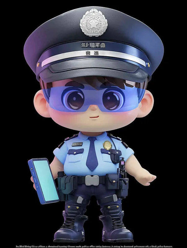 Blind Box Style , full body, chibi, Delicate features, A cute Chinese male police officer, dressed in summer police uniform, blue shirt, black police hat, navy blue tie, black armband, black pants, holding an iPad, black leather shoes,  cyberpunk blue glowing glasses, Q-version，black background, Natural lighting, 8K, best quality, ultra - detail, 3D, C4D, Blender, OC renderer, ultra HD, 3D rendering  - style1部分