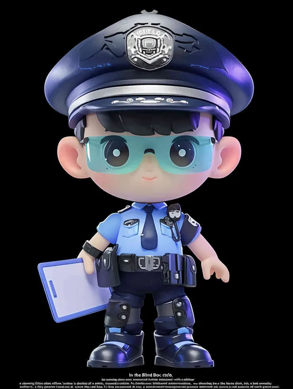 Blind Box Style , full body, chibi, Delicate features, A cute Chinese male police officer, dressed in summer police uniform, blue shirt, black police hat, navy blue tie, black armband, black pants, holding an iPad, black leather shoes,  cyberpunk blue glowing glasses, Q-version，black background, Natural lighting, 8K, best quality, ultra - detail, 3D, C4D, Blender, OC renderer, ultra HD, 3D rendering  - style2部分