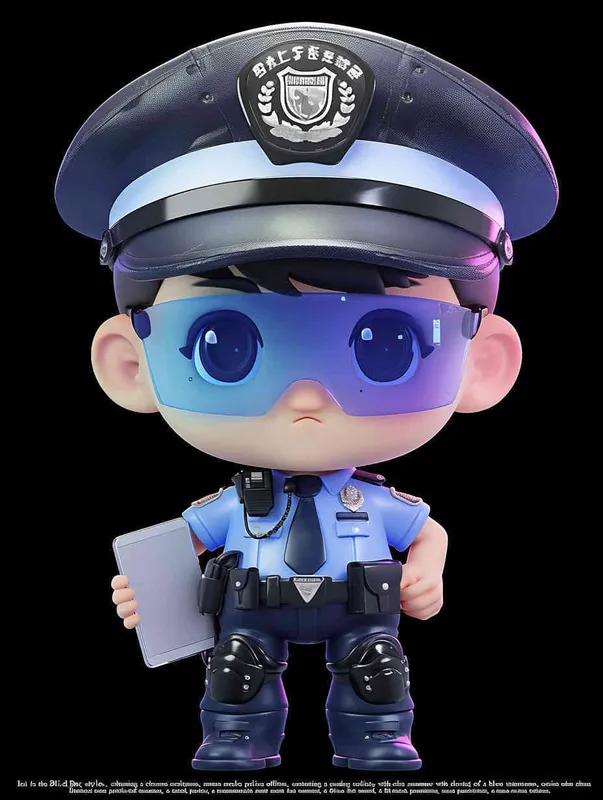 Blind Box Style , full body, chibi, Delicate features, A cute Chinese male police officer, dressed in summer police uniform, blue shirt, black police hat, navy blue tie, black armband, black pants, holding an iPad, black leather shoes,  cyberpunk blue glowing glasses, Q-version，black background, Natural lighting, 8K, best quality, ultra - detail, 3D, C4D, Blender, OC renderer, ultra HD, 3D rendering  - style3部分