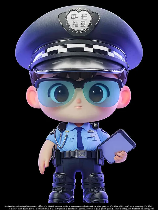 Blind Box Style , full body, chibi, Delicate features, A cute Chinese male police officer, dressed in summer police uniform, blue shirt, black police hat, navy blue tie, black armband, black pants, holding an iPad, black leather shoes,  cyberpunk blue glowing glasses, Q-version，black background, Natural lighting, 8K, best quality, ultra - detail, 3D, C4D, Blender, OC renderer, ultra HD, 3D rendering  - style4部分