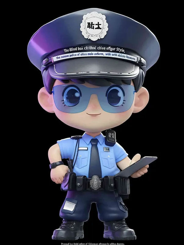 Blind Box Style , full body, chibi, Delicate features, A cute Chinese male police officer, dressed in summer police uniform, blue shirt, black police hat, navy blue tie, black armband, black pants, holding an iPad, black leather shoes,  cyberpunk blue glowing glasses, Q-version，black background, Natural lighting, 8K, best quality, ultra - detail, 3D, C4D, Blender, OC renderer, ultra HD, 3D rendering  - style1部分