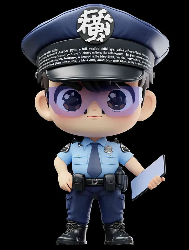 Blind Box Style , full body, chibi, Delicate features, A cute Chinese male police officer, dressed in summer police uniform, blue shirt, black police hat, navy blue tie, black armband, black pants, holding an iPad, black leather shoes,  cyberpunk blue glowing glasses, Q-version，black background, Natural lighting, 8K, best quality, ultra - detail, 3D, C4D, Blender, OC renderer, ultra HD, 3D rendering  - style2部分