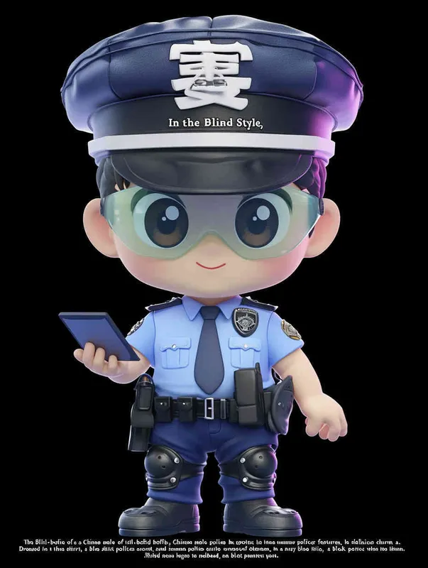 Blind Box Style , full body, chibi, Delicate features, A cute Chinese male police officer, dressed in summer police uniform, blue shirt, black police hat, navy blue tie, black armband, black pants, holding an iPad, black leather shoes,  cyberpunk blue glowing glasses, Q-version，black background, Natural lighting, 8K, best quality, ultra - detail, 3D, C4D, Blender, OC renderer, ultra HD, 3D rendering  - style3部分