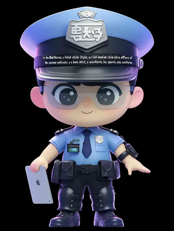 Blind Box Style , full body, chibi, Delicate features, A cute Chinese male police officer, dressed in summer police uniform, blue shirt, black police hat, navy blue tie, black armband, black pants, holding an iPad, black leather shoes,  cyberpunk blue glowing glasses, Q-version，black background, Natural lighting, 8K, best quality, ultra - detail, 3D, C4D, Blender, OC renderer, ultra HD, 3D rendering  - style4部分