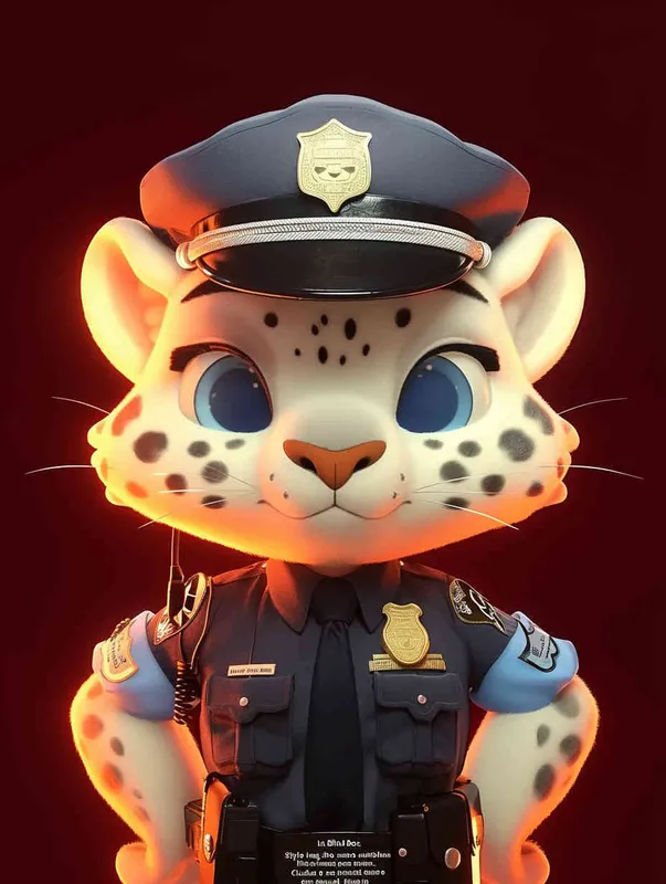 Blind Box Style, full body, red walls, exquisite facial features, snow leopard police personification image, wearing black police uniform, black police hat, black armbands, black pants, black leather shoes, Q-version, black background, natural lighting, 8K, best quality, ultra details, 3D, C4D, Blender, OC renderer, ultra-high definition, 3D rendering – AI绘画作品展示 | Midjourney中文版生成