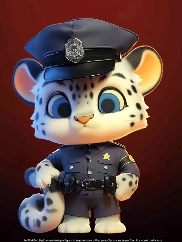 Blind Box Style, full body, red walls, exquisite facial features, snow leopard police personification image, wearing black police uniform, black police hat, black armbands, black pants, black leather shoes, Q-version, black background, natural lighting, 8K, best quality, ultra details, 3D, C4D, Blender, OC renderer, ultra-high definition, 3D rendering - style2部分