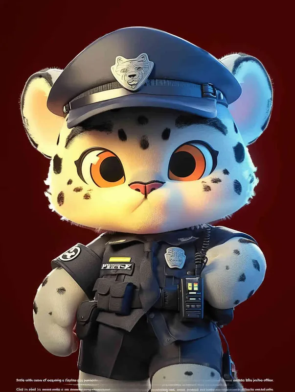Blind Box Style, full body, red walls, exquisite facial features, snow leopard police personification image, wearing black police uniform, black police hat, black armbands, black pants, black leather shoes, Q-version, black background, natural lighting, 8K, best quality, ultra details, 3D, C4D, Blender, OC renderer, ultra-high definition, 3D rendering - style3部分