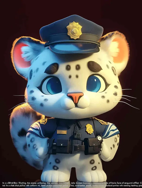 Blind Box Style, full body, red walls, exquisite facial features, snow leopard police personification image, wearing black police uniform, black police hat, black armbands, black pants, black leather shoes, Q-version, black background, natural lighting, 8K, best quality, ultra details, 3D, C4D, Blender, OC renderer, ultra-high definition, 3D rendering - style4部分